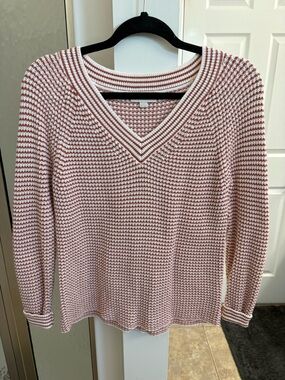 LOFT Rust & White V-Neck Striped Knit Sweater